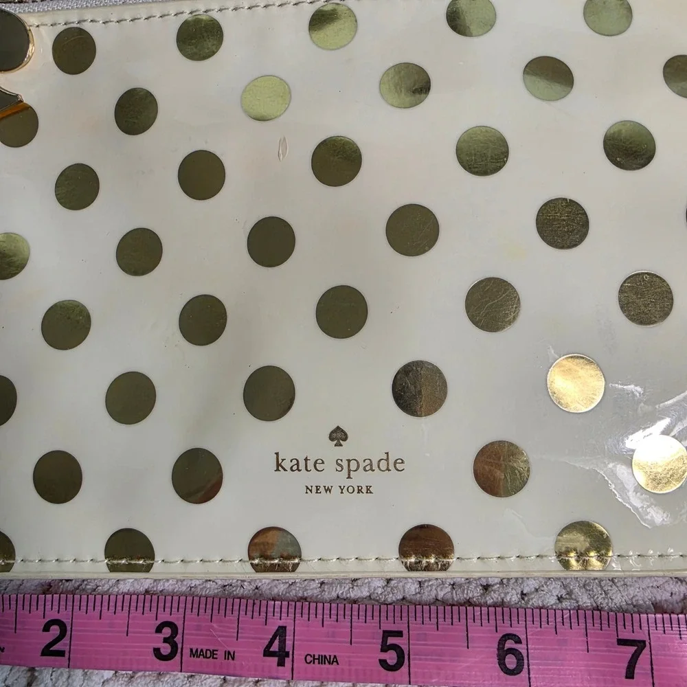 Kate Spade Gold Polka Dot Zipper Pouch Cream Gold Cosmetic Clutch Logo Charm